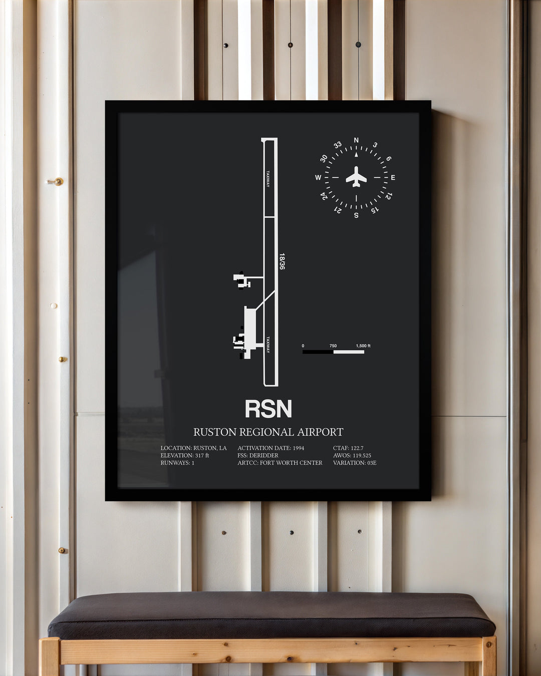Framed Detailed Airport Map of Ruston Regional Airport (RSN) in Gray with a Black Frame
