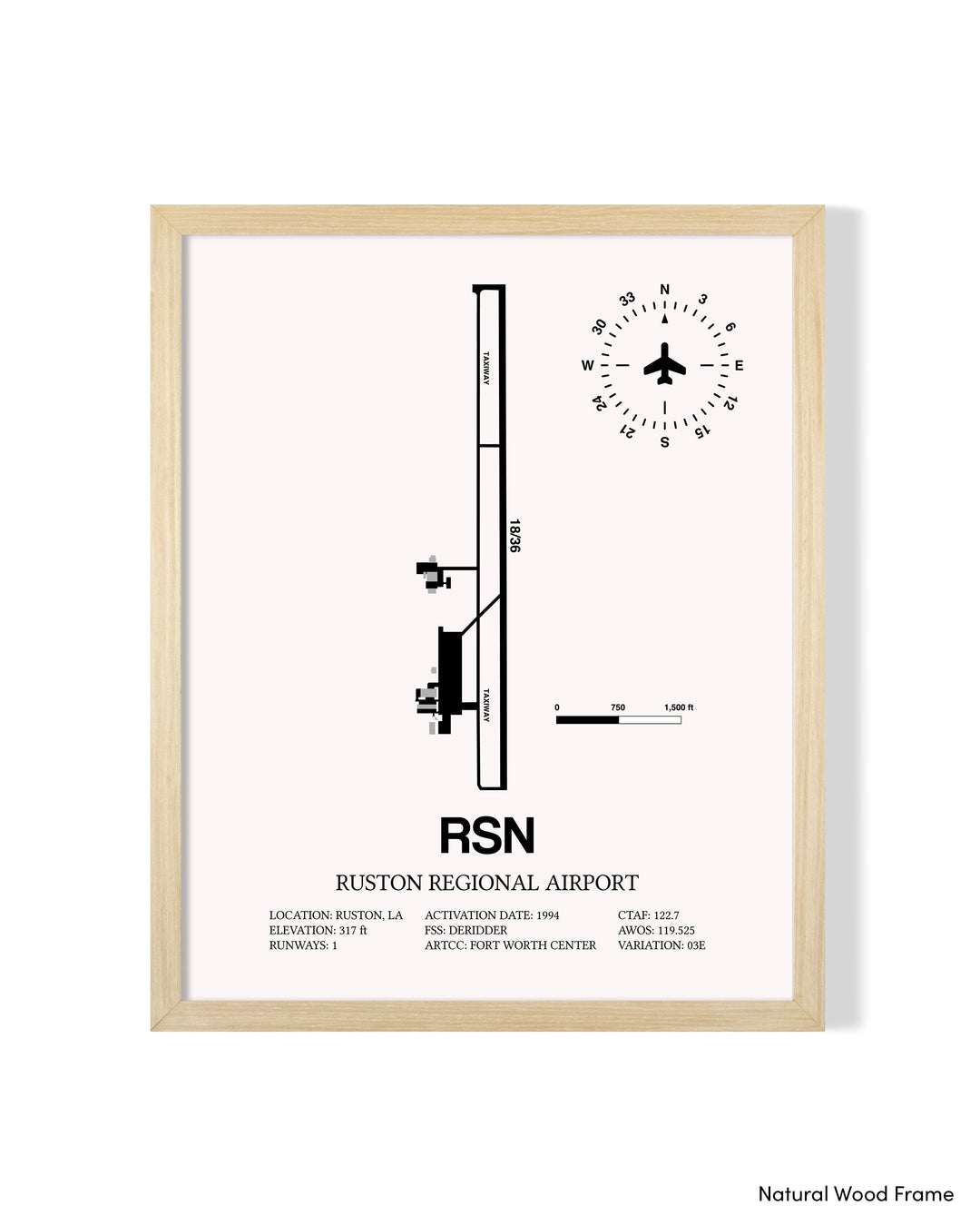 Detailed Airport Map of Ruston Regional Airport (RSN) in White with a Natural Frame