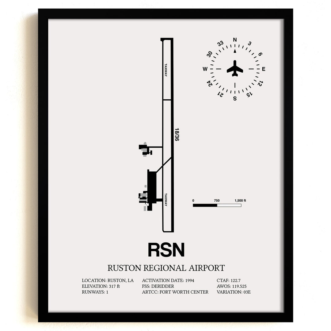 Framed Detailed Airport Map of Ruston Regional Airport (RSN) in White with a Black Frame