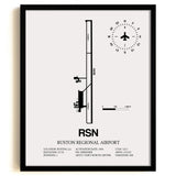 Framed Detailed Airport Map of Ruston Regional Airport (RSN) in White with a Black Frame