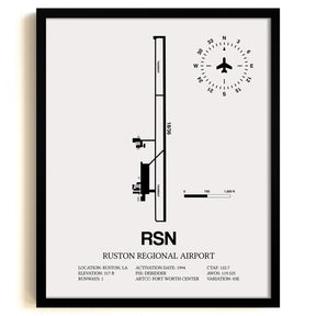 Framed Detailed Airport Map of Ruston Regional Airport (RSN) in White with a Black Frame
