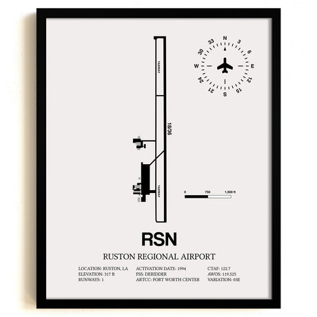 Framed Detailed Airport Map of Ruston Regional Airport (RSN) in White with a Black Frame