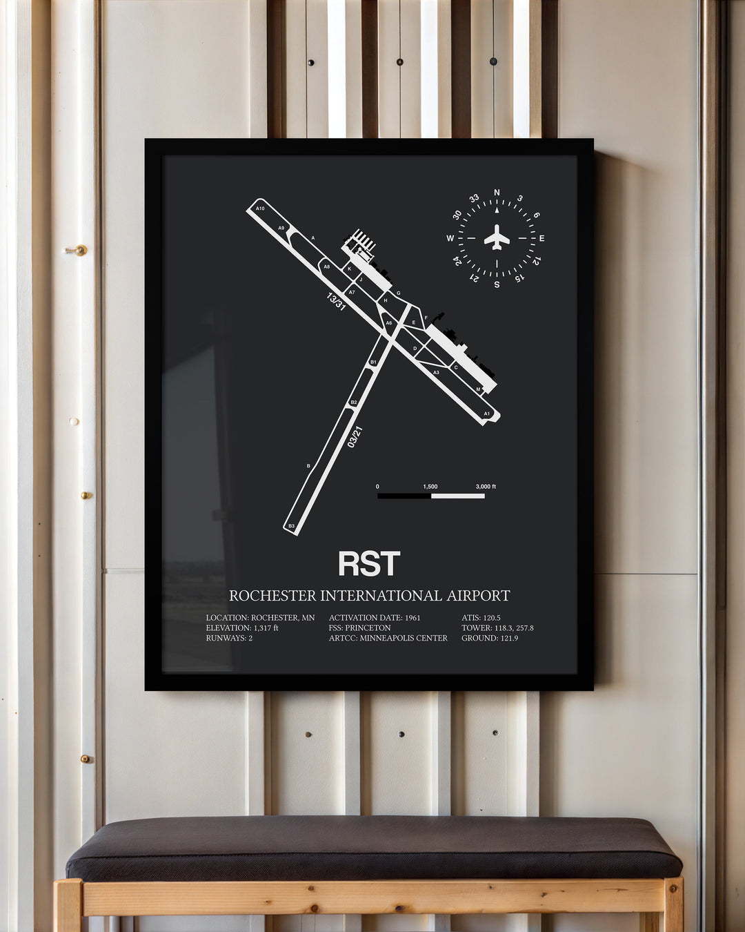 Framed Detailed Airport Map of Rochester International Airport (RST) in Gray with a Black Frame