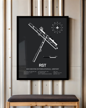 Framed Detailed Airport Map of Rochester International Airport (RST) in Gray with a Black Frame