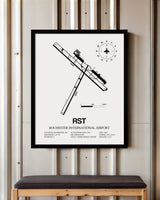 Framed Detailed Airport Map of Rochester International Airport (RST) in White with a Black Frame
