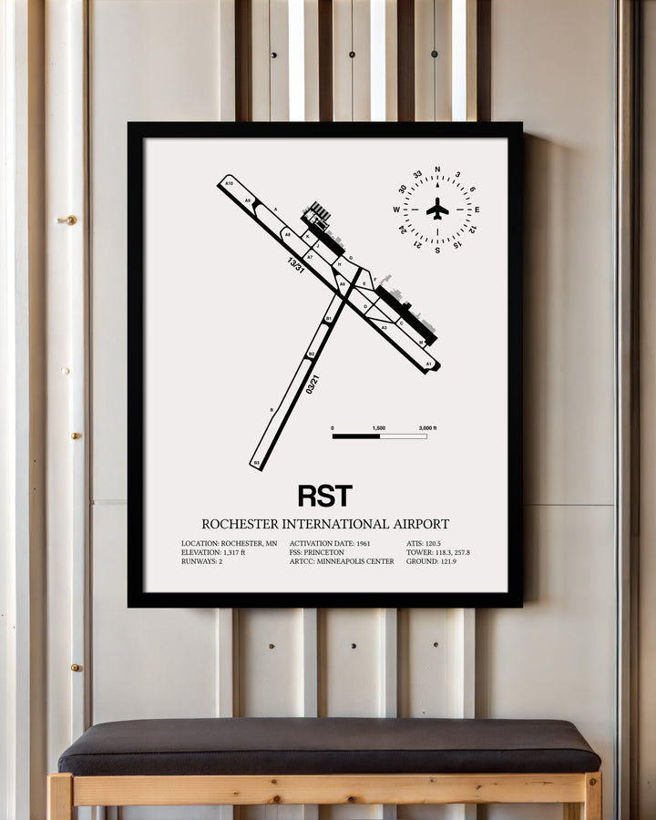 Framed Detailed Airport Map of Rochester International Airport (RST) in White with a Black Frame