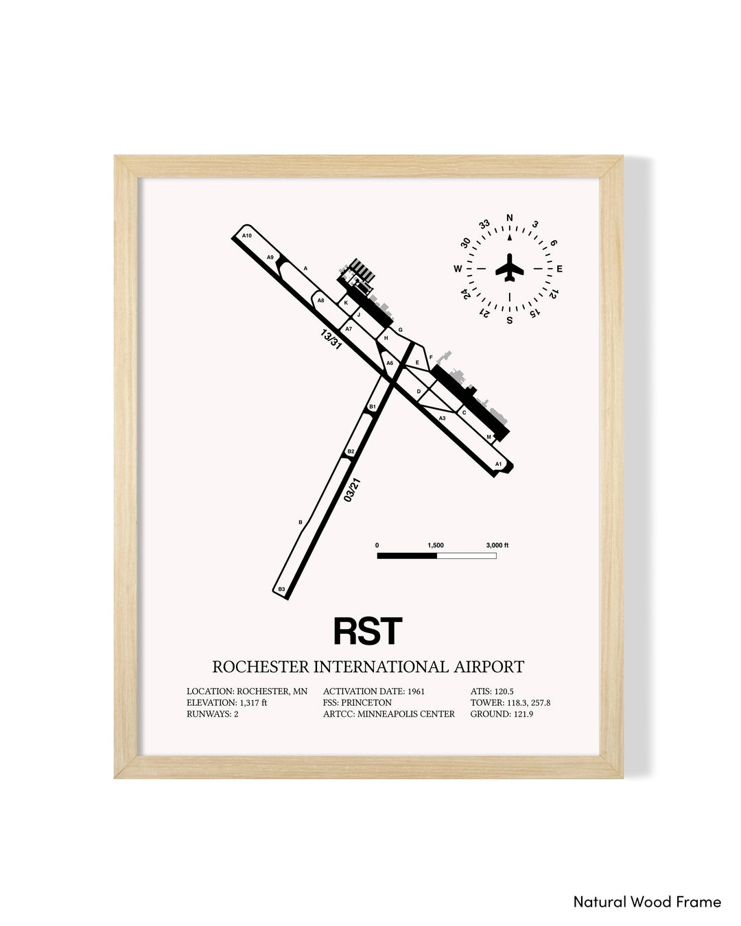 Detailed Airport Map of Rochester International Airport (RST) in White with a Natural Frame