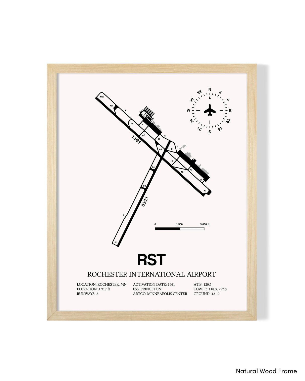 Detailed Airport Map of Rochester International Airport (RST) in White with a Natural Frame