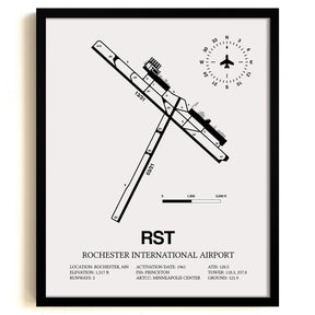 Framed Detailed Airport Map of Rochester International Airport (RST) in White with a Black Frame