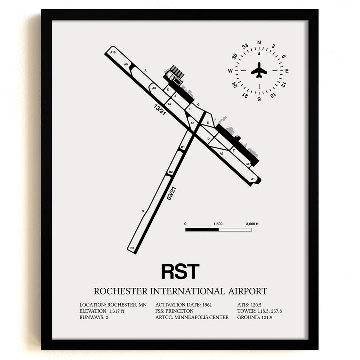 Framed Detailed Airport Map of Rochester International Airport (RST) in White with a Black Frame