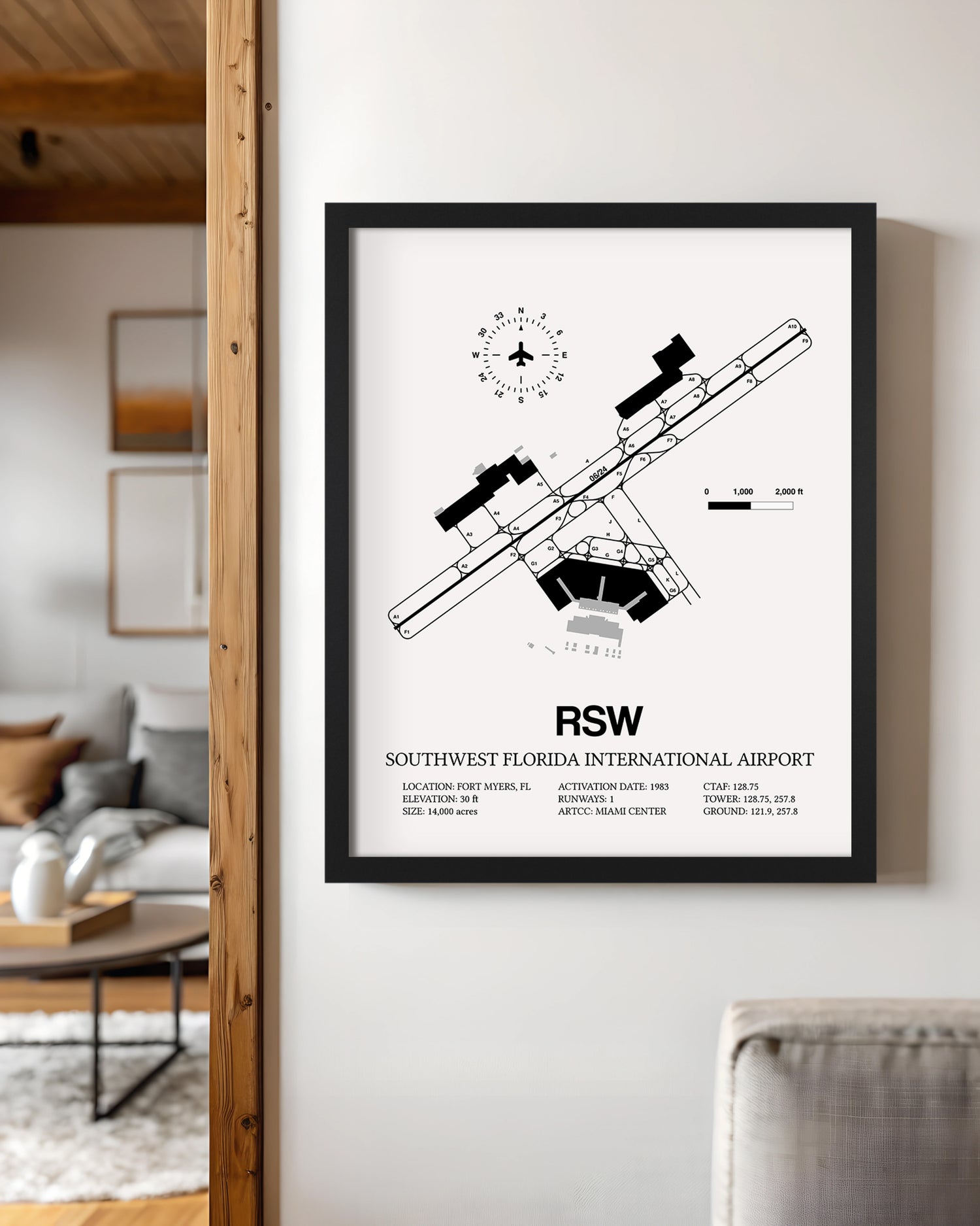Framed Detailed Airport Map of Southwest Florida International Airport (RSW) in White with a Black Frame