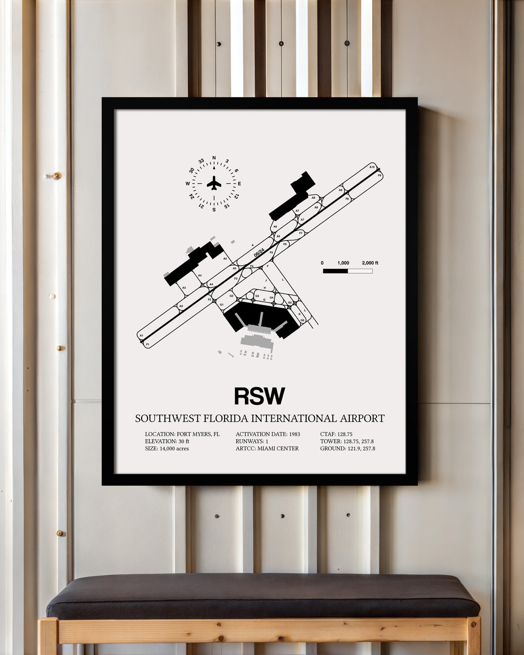 Framed Detailed Airport Map of Southwest Florida International Airport (RSW) in White with a Black Frame