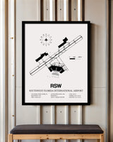 Framed Detailed Airport Map of Southwest Florida International Airport (RSW) in White with a Black Frame