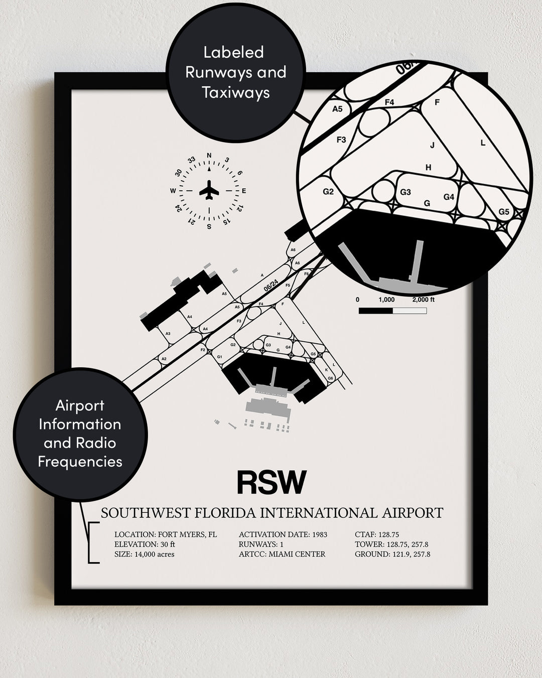 Framed Detailed Airport Map of Southwest Florida International Airport (RSW) in White with a Black Frame