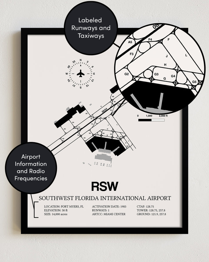 Framed Detailed Airport Map of Southwest Florida International Airport (RSW) in White with a Black Frame