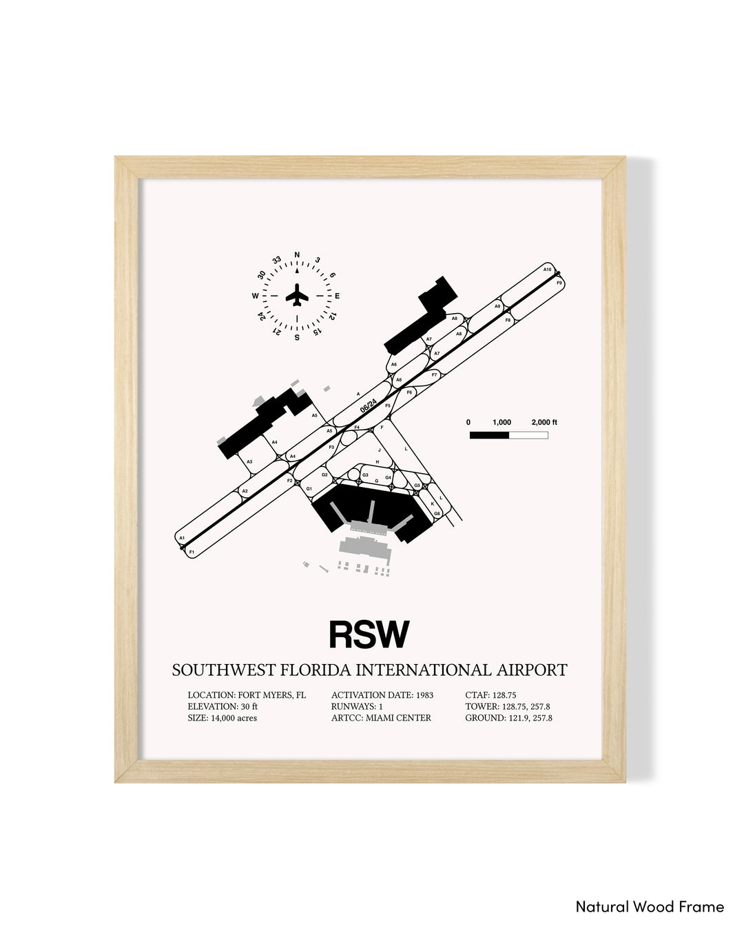 Detailed Airport Map of Southwest Florida International Airport (RSW) in White with a Natural Frame