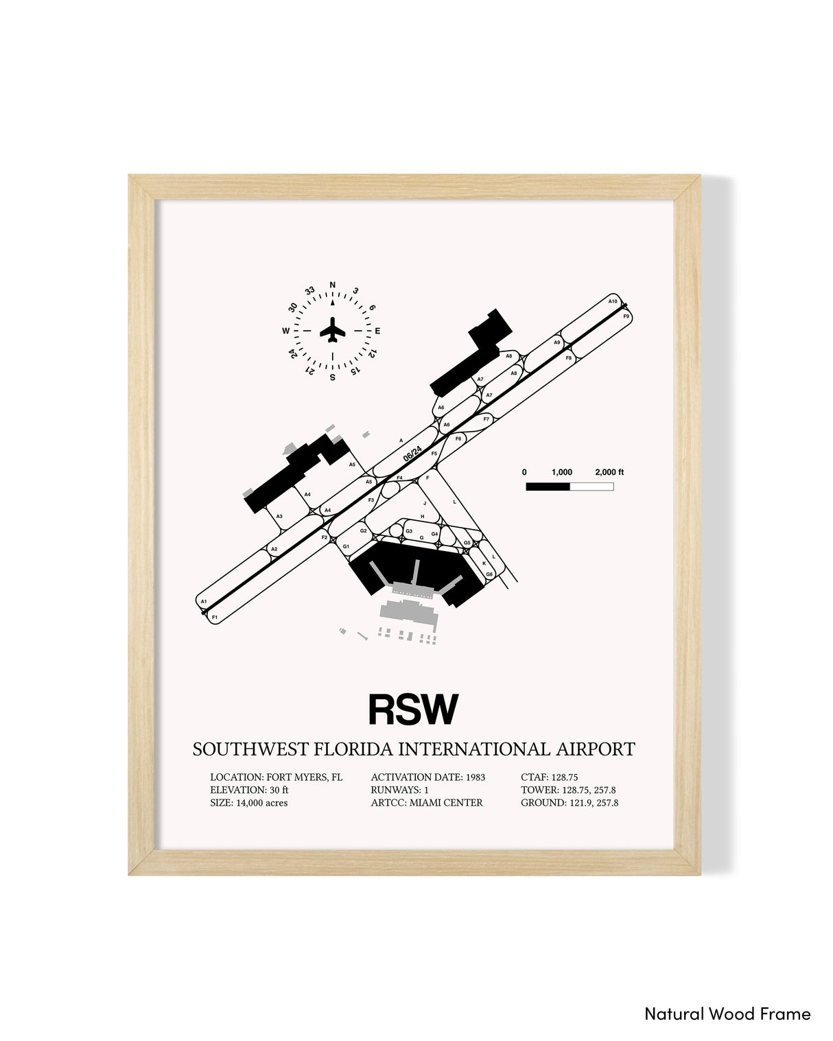 Detailed Airport Map of Southwest Florida International Airport (RSW) in White with a Natural Frame