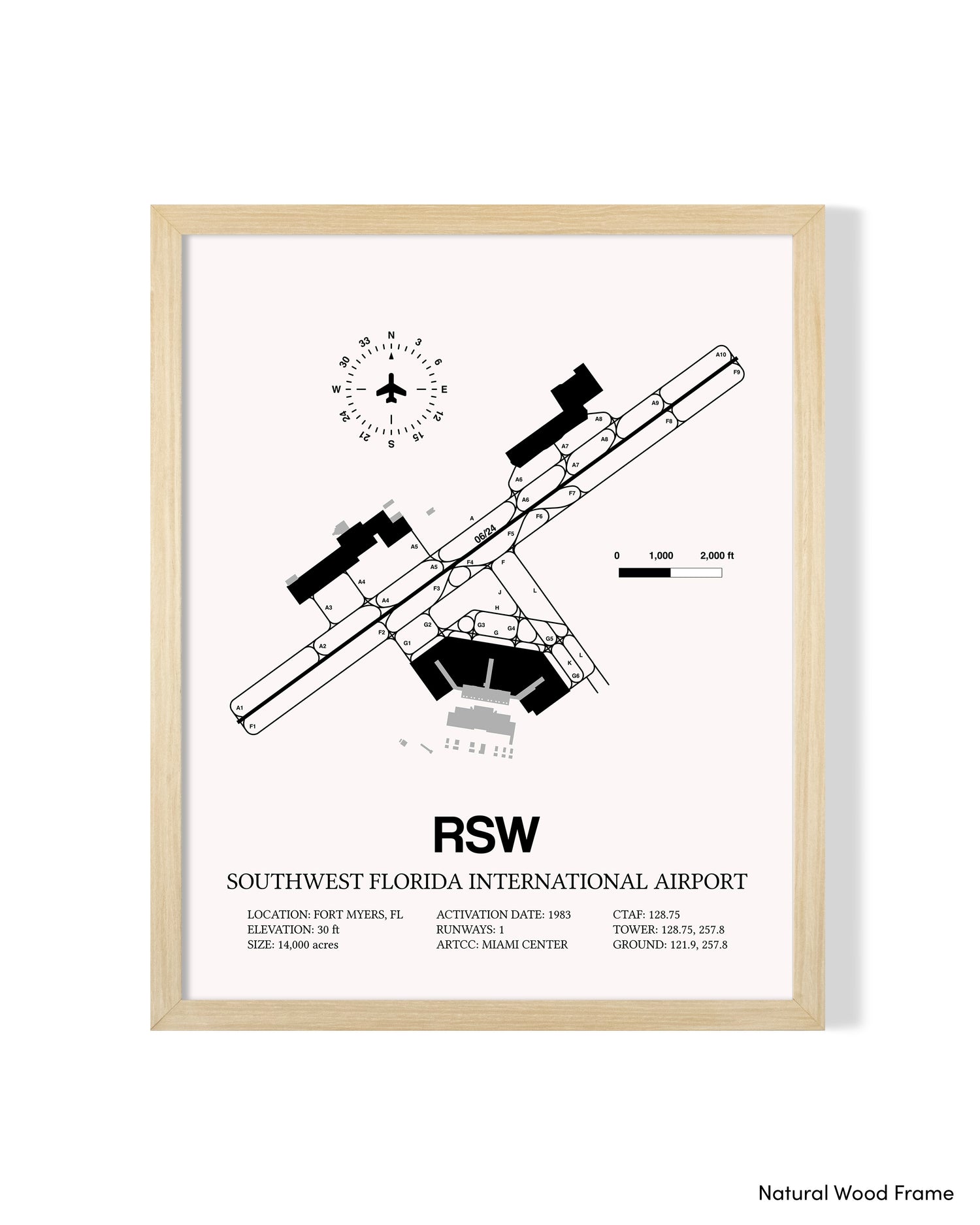 Detailed Airport Map of Southwest Florida International Airport (RSW) in White with a Natural Frame