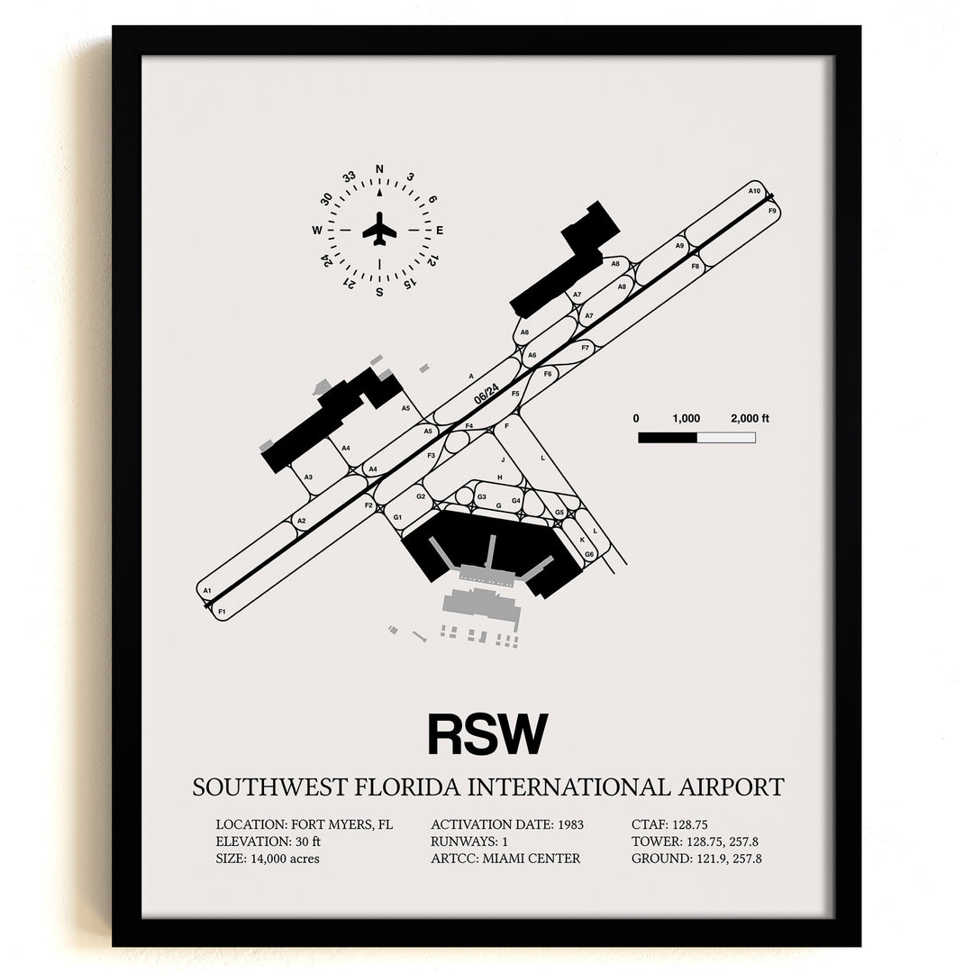 Framed Detailed Airport Map of Southwest Florida International Airport (RSW) in White with a Black Frame