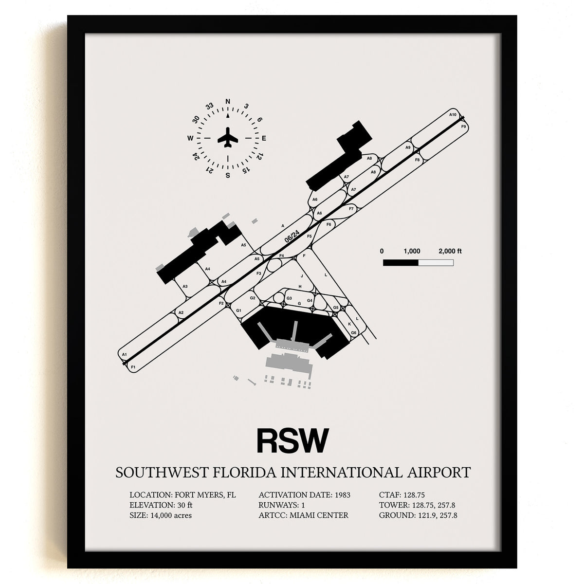 Framed Detailed Airport Map of Southwest Florida International Airport (RSW) in White with a Black Frame