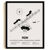 Framed Detailed Airport Map of Southwest Florida International Airport (RSW) in White with a Black Frame