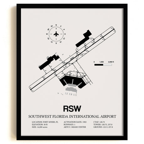 Framed Detailed Airport Map of Southwest Florida International Airport (RSW) in White with a Black Frame