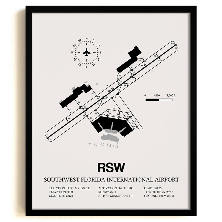Framed Detailed Airport Map of Southwest Florida International Airport (RSW) in White with a Black Frame