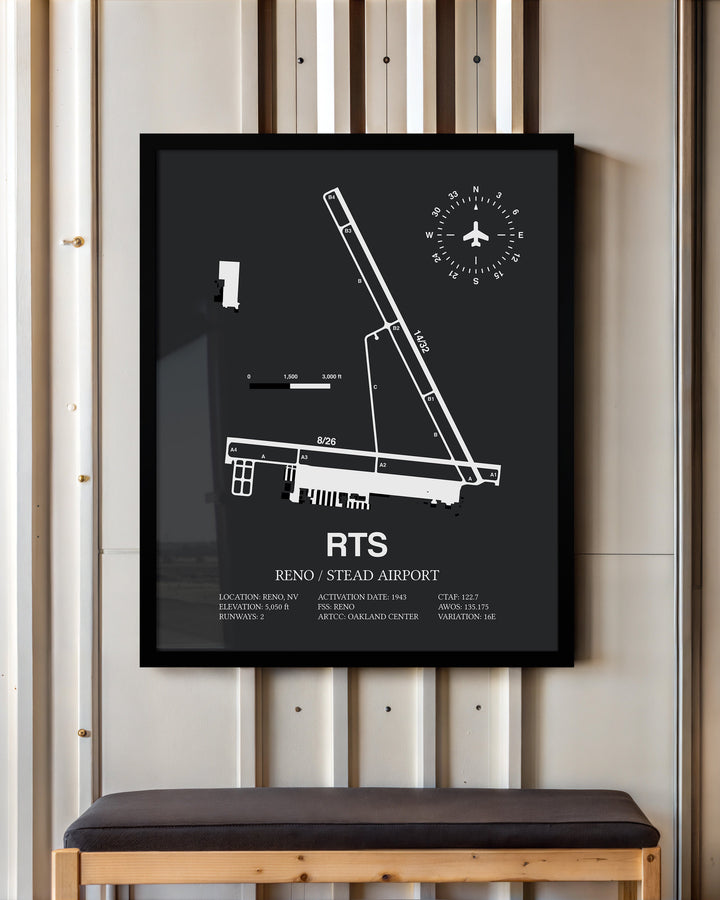 Framed Detailed Airport Map of Reno/Stead Airport (RTS) in Gray with a Black Frame