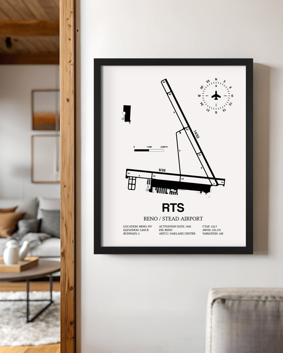 Framed Detailed Airport Map of Reno/Stead Airport (RTS) in White with a Black Frame