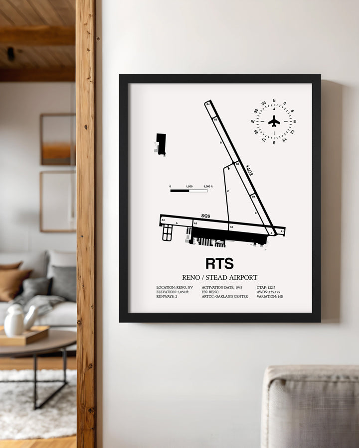 Framed Detailed Airport Map of Reno/Stead Airport (RTS) in White with a Black Frame