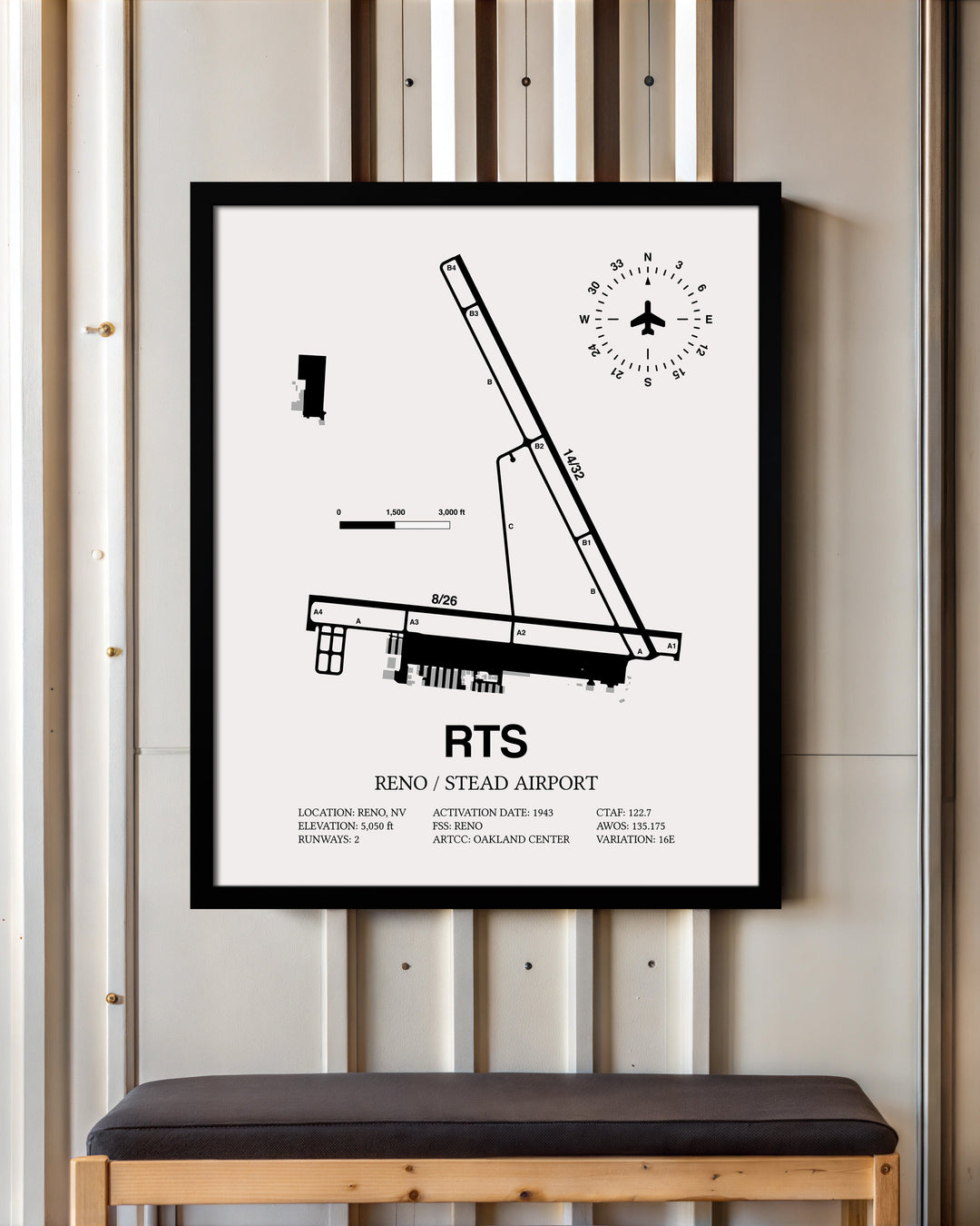 Framed Detailed Airport Map of Reno/Stead Airport (RTS) in White with a Black Frame