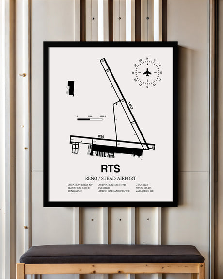 Framed Detailed Airport Map of Reno/Stead Airport (RTS) in White with a Black Frame