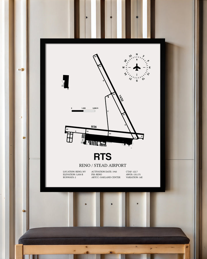Framed Detailed Airport Map of Reno/Stead Airport (RTS) in White with a Black Frame