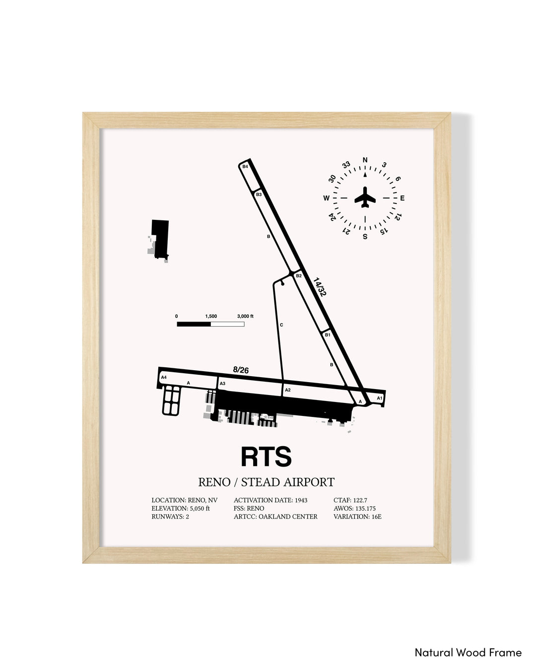 Detailed Airport Map of Reno/Stead Airport (RTS) in White with a Natural Frame