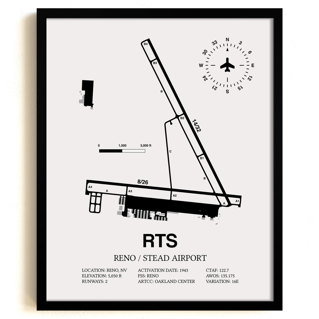Framed Detailed Airport Map of Reno/Stead Airport (RTS) in White with a Black Frame