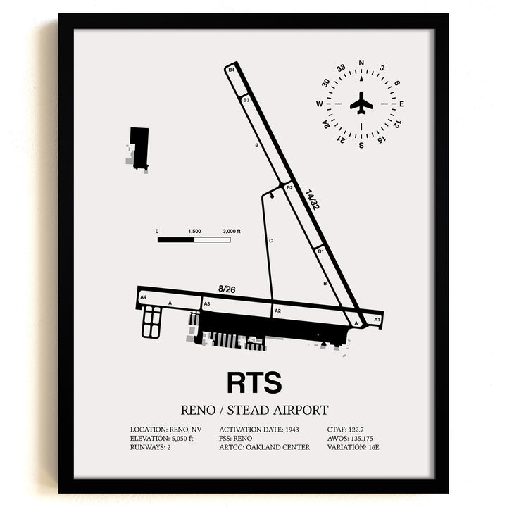 Framed Detailed Airport Map of Reno/Stead Airport (RTS) in White with a Black Frame
