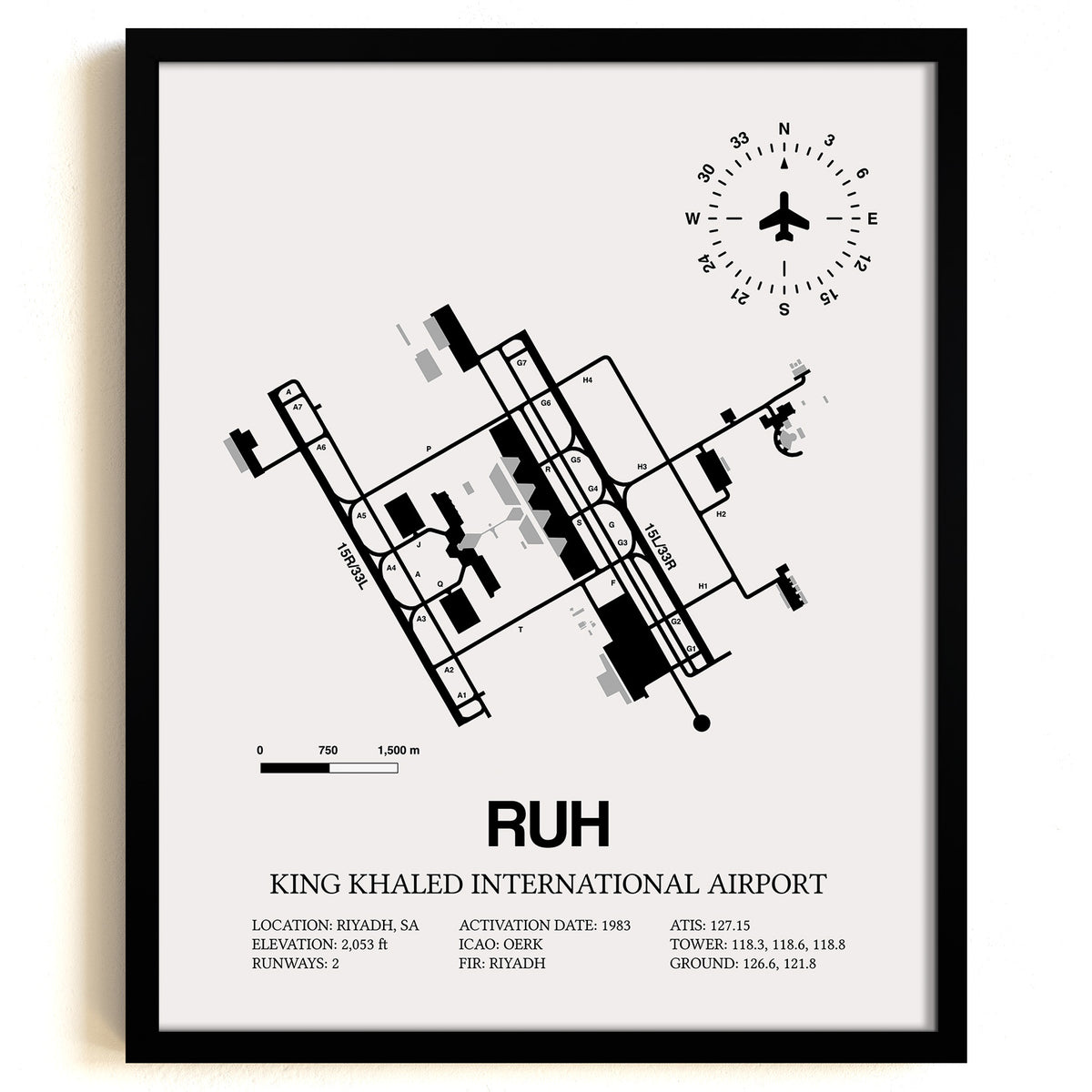 RUH Airport Map, King Khaled International Airport Print