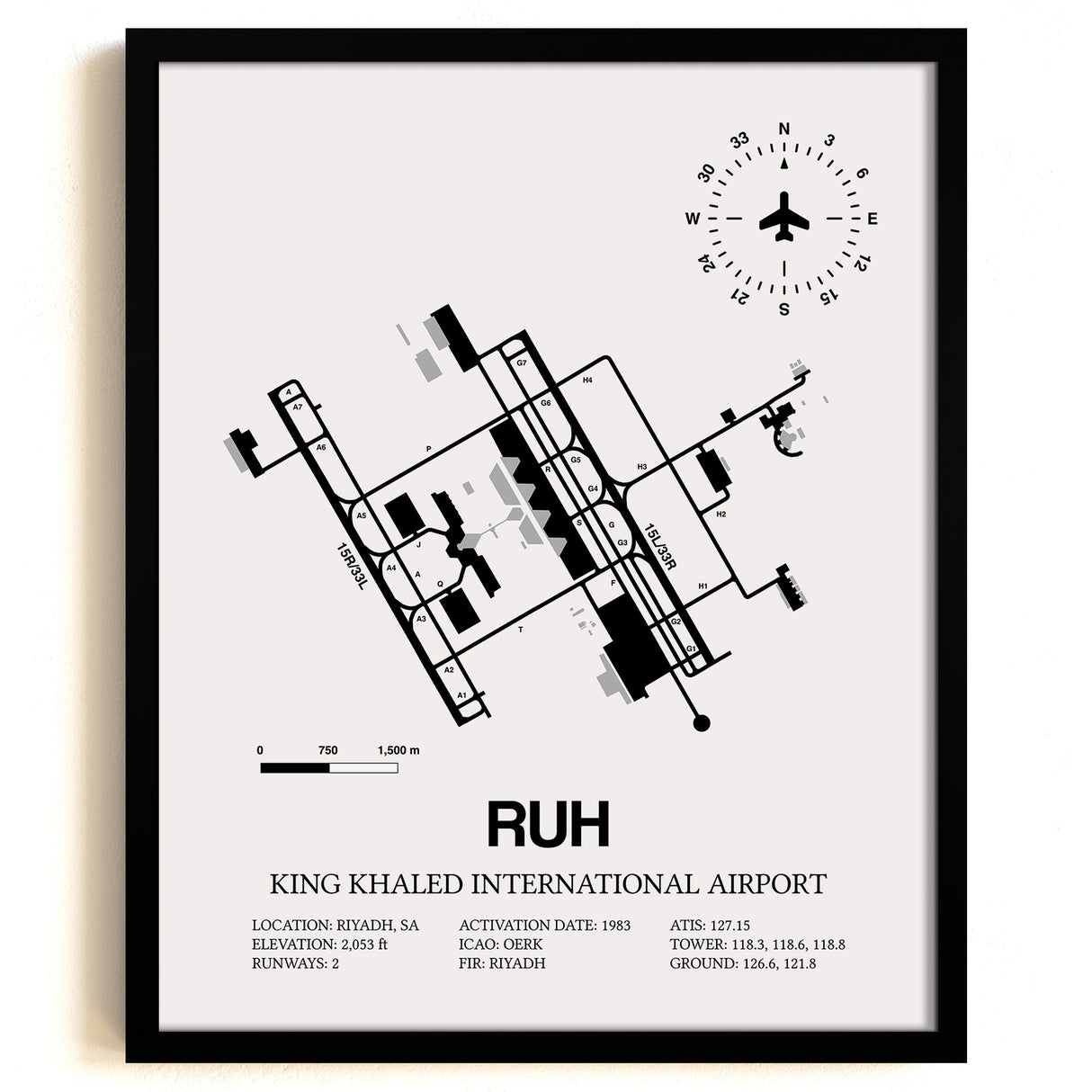 RUH Airport Map, King Khaled International Airport Print