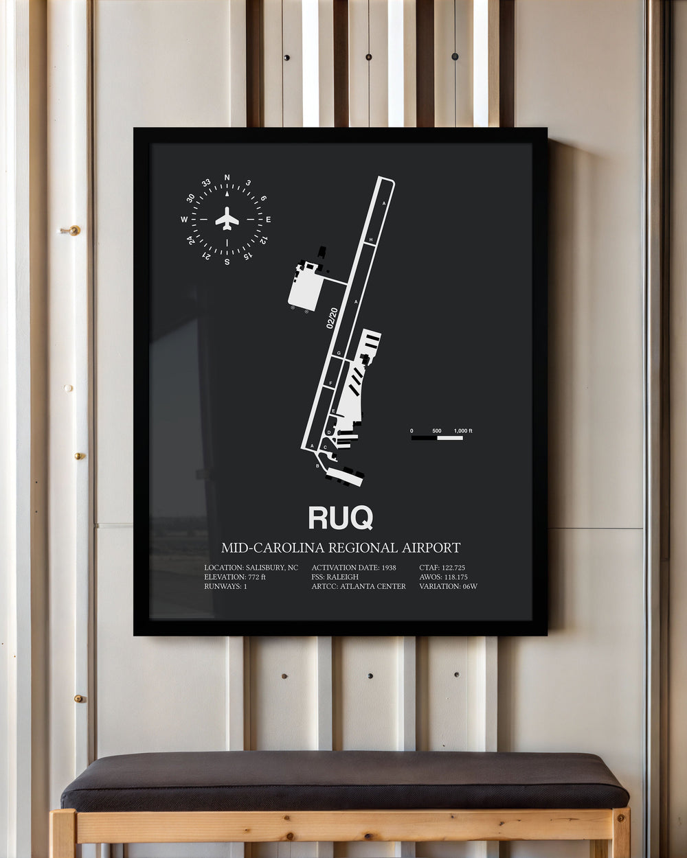 Framed Detailed Airport Map of Mid-Carolina Regional Airport (RUQ) in Gray with a Black Frame