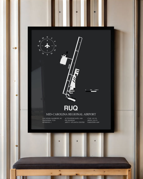 Framed Detailed Airport Map of Mid-Carolina Regional Airport (RUQ) in Gray with a Black Frame