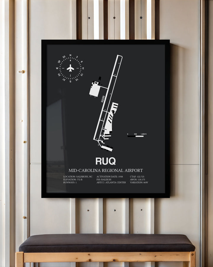 Framed Detailed Airport Map of Mid-Carolina Regional Airport (RUQ) in Gray with a Black Frame