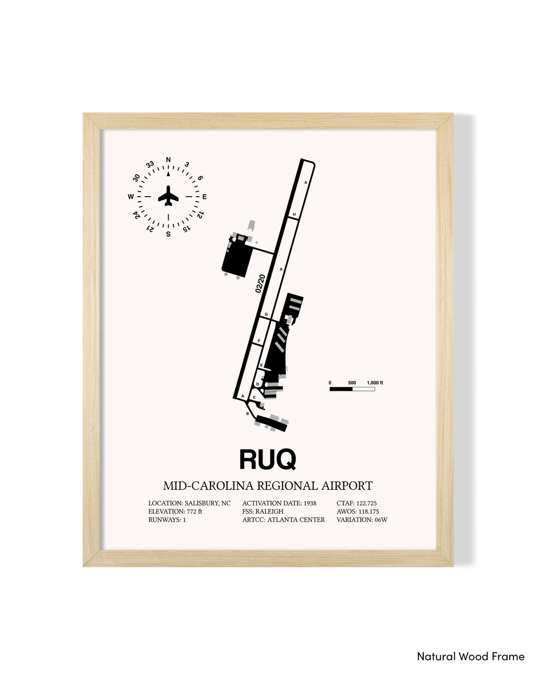 Detailed Airport Map of Mid-Carolina Regional Airport (RUQ) in White with a Natural Frame