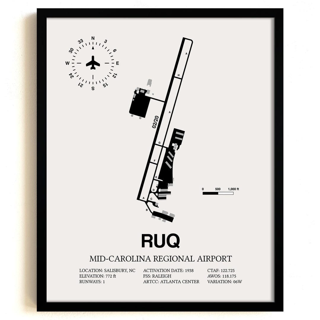 Framed Detailed Airport Map of Mid-Carolina Regional Airport (RUQ) in White with a Black Frame