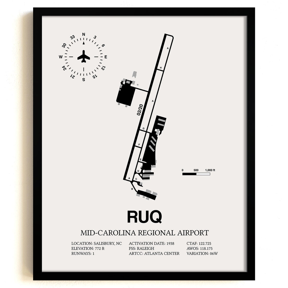 Framed Detailed Airport Map of Mid-Carolina Regional Airport (RUQ) in White with a Black Frame