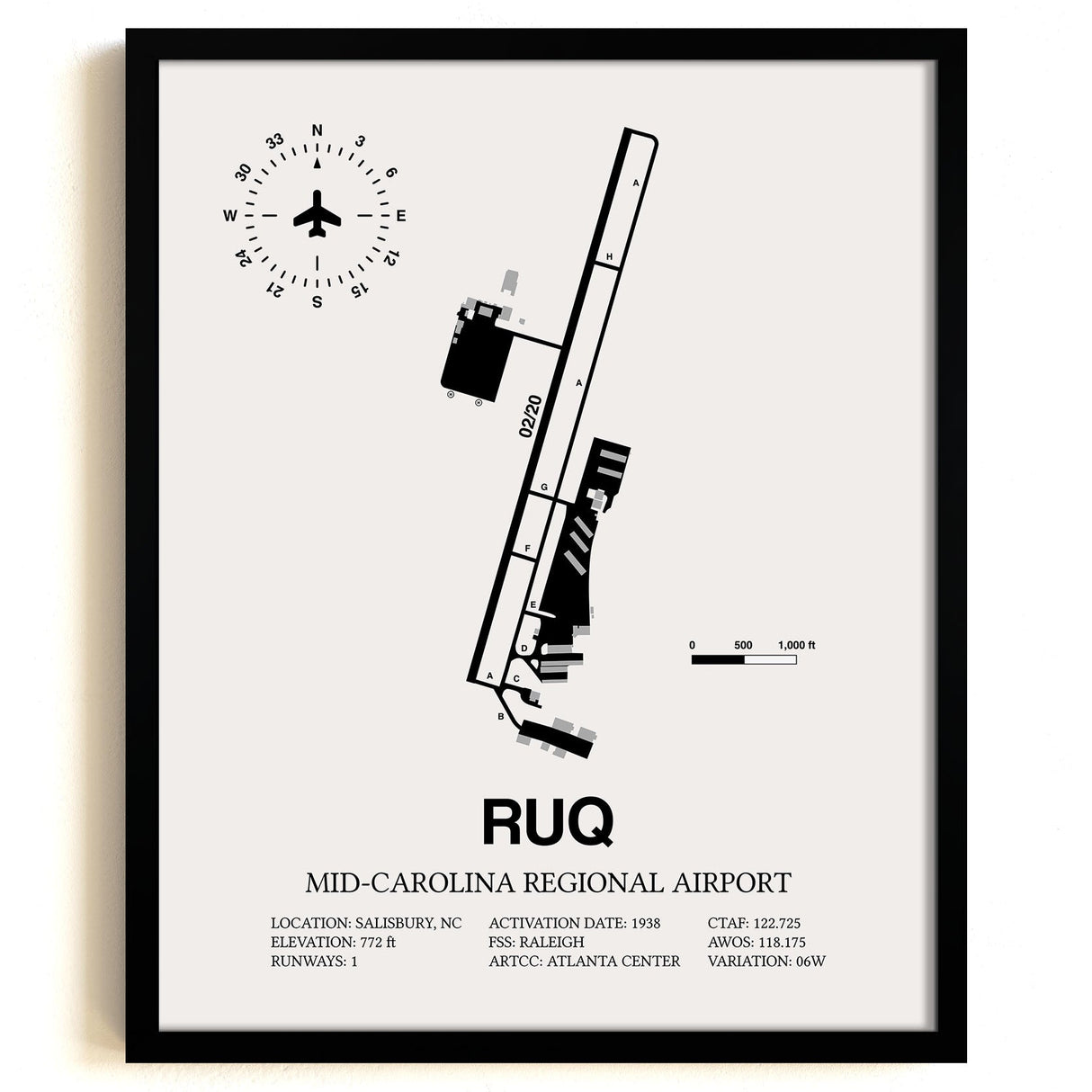 Framed Detailed Airport Map of Mid-Carolina Regional Airport (RUQ) in White with a Black Frame