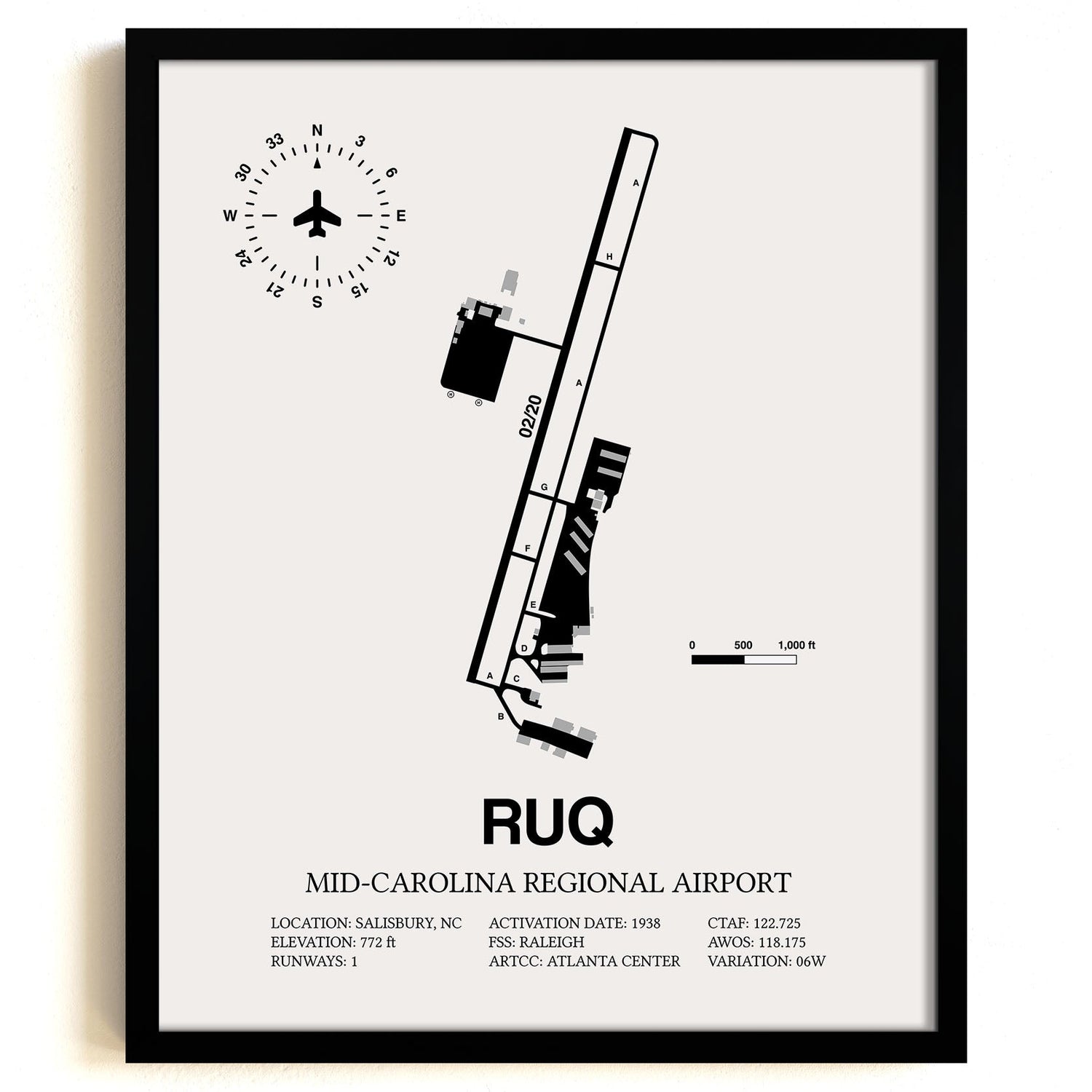 Framed Detailed Airport Map of Mid-Carolina Regional Airport (RUQ) in White with a Black Frame