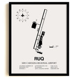 Framed Detailed Airport Map of Mid-Carolina Regional Airport (RUQ) in White with a Black Frame