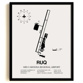 Framed Detailed Airport Map of Mid-Carolina Regional Airport (RUQ) in White with a Black Frame