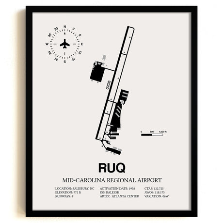 Framed Detailed Airport Map of Mid-Carolina Regional Airport (RUQ) in White with a Black Frame
