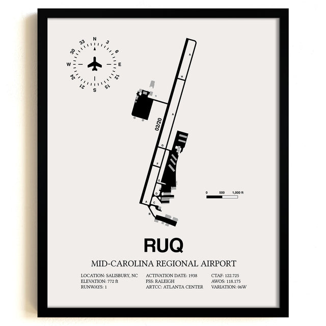 Framed Detailed Airport Map of Mid-Carolina Regional Airport (RUQ) in White with a Black Frame